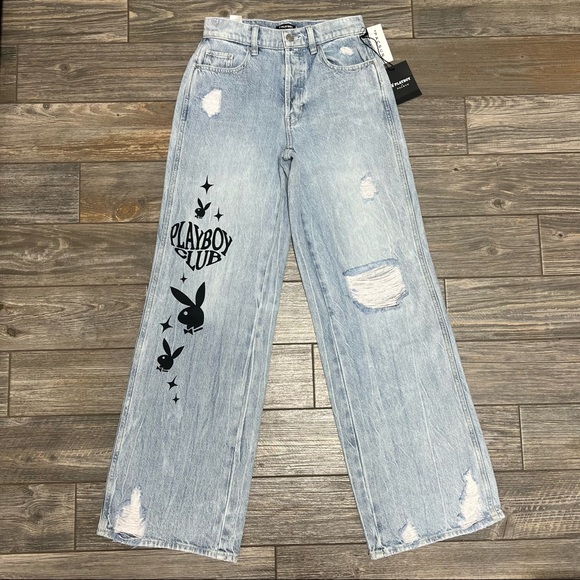 NWT Playboy X PacSun Jeans Eco Distressed High Waisted Baggy 22 23 24 25 27 - Picture 5 of 15